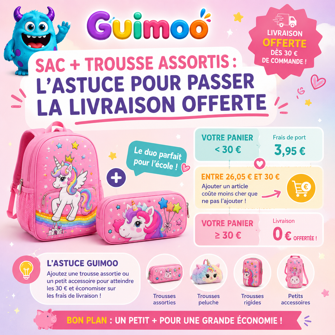 Sac + trousse assortis : l'astuce pour passer la livraison offerte