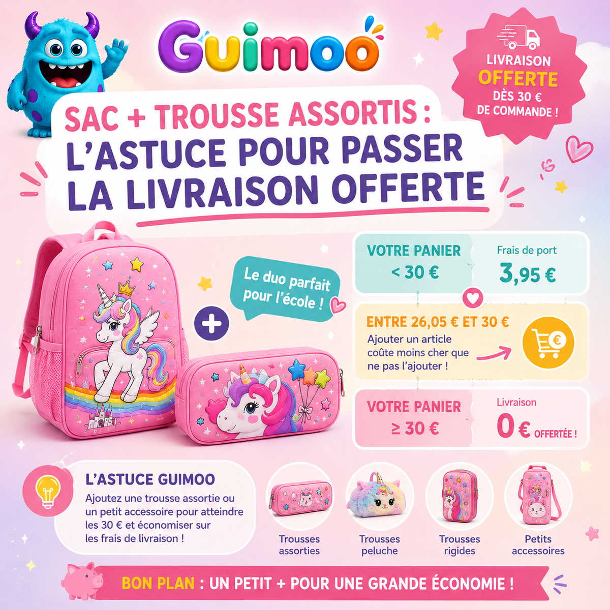 Sac + trousse assortis : l'astuce pour passer la livraison offerte